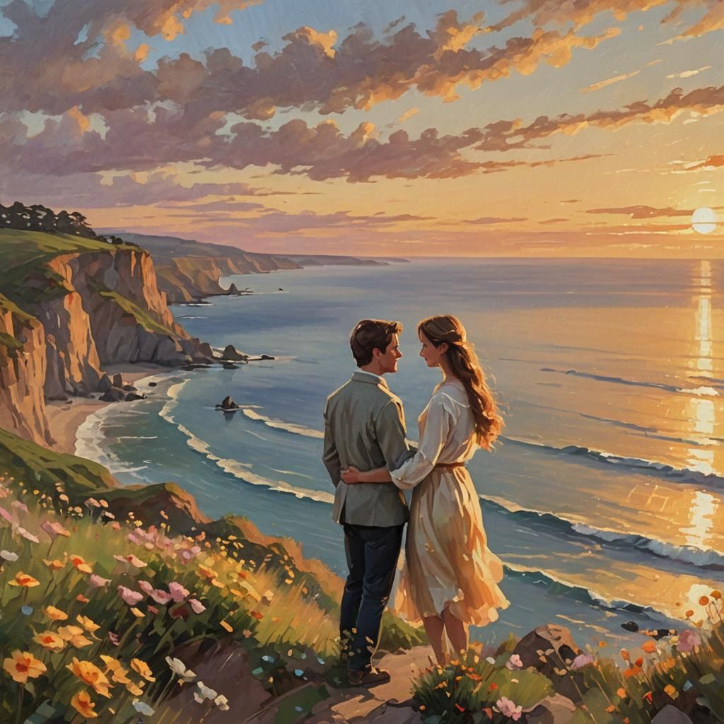 Romantic Couple at Sunset in Impressionistic Style