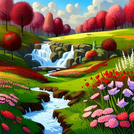 Lush Flower Field with Waterfall, Splash Art