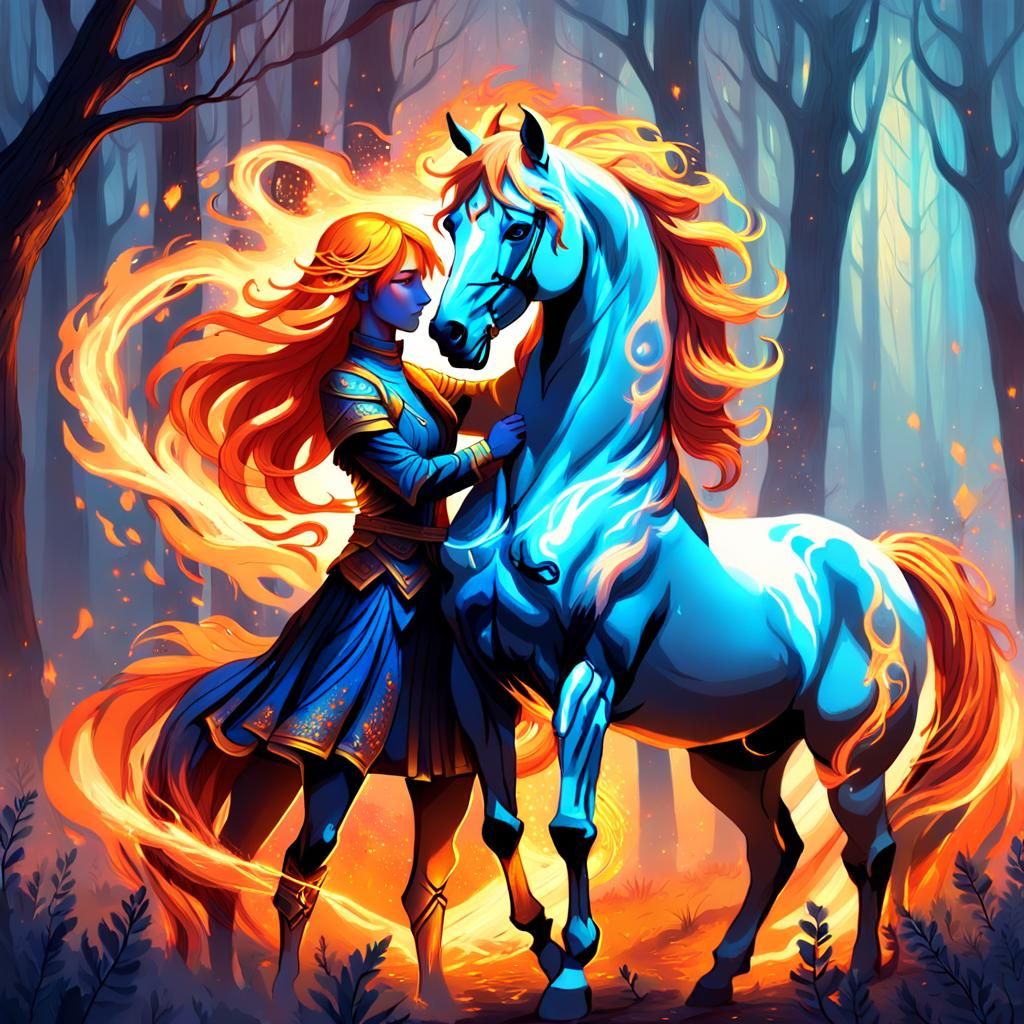 Fire Horse Hugging Fire Girl in Mystical Forest