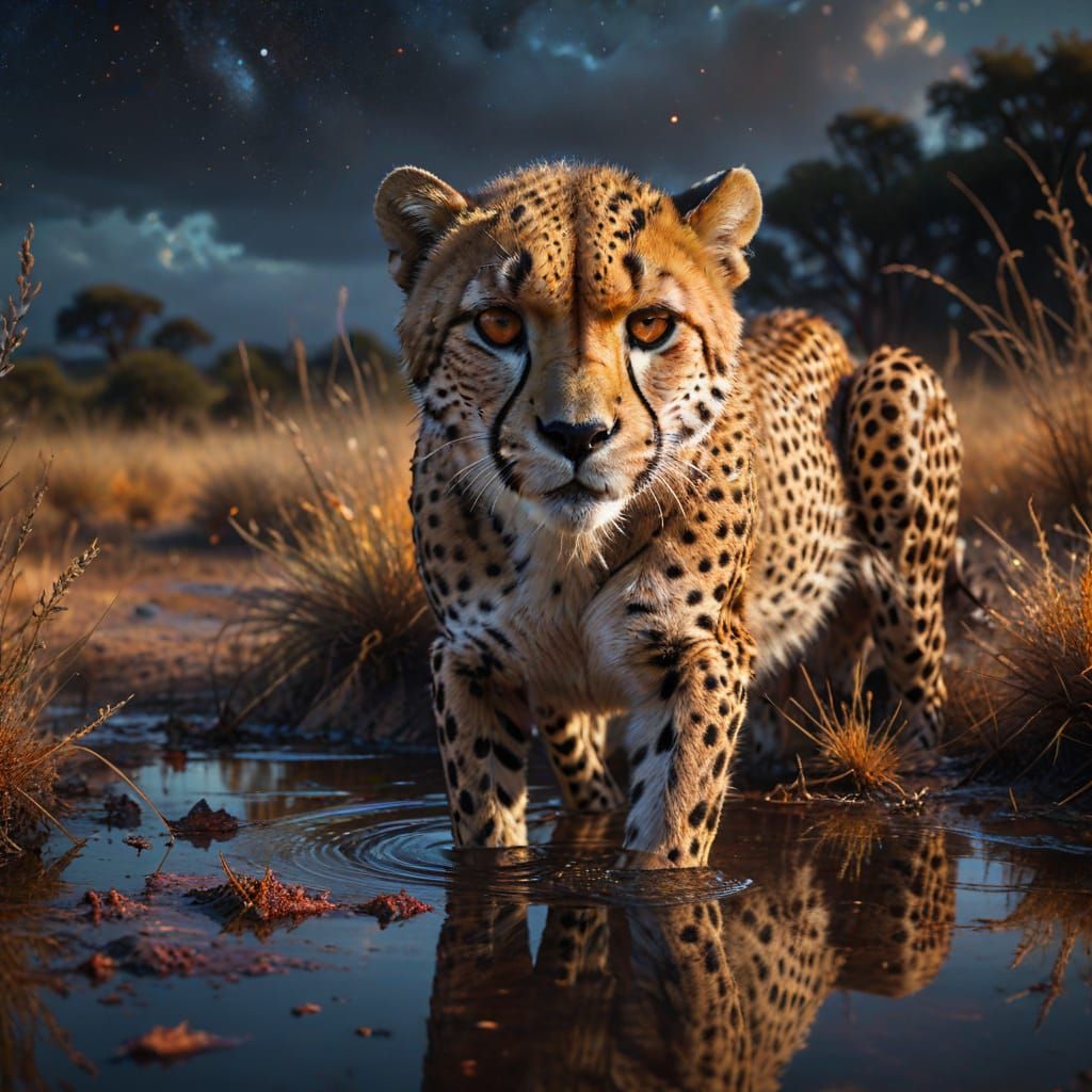 Cheetah's Reflection in Starry Savanna Waterhole