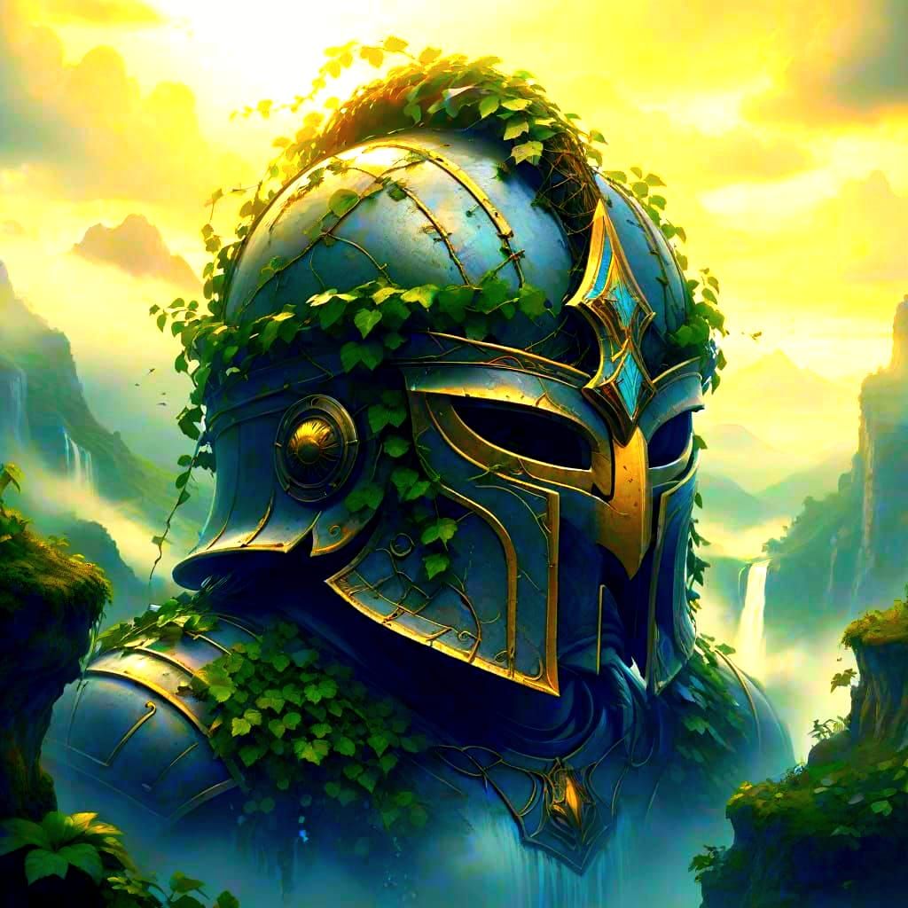 Colossal Ancient Knight Helmet in Misty Valley