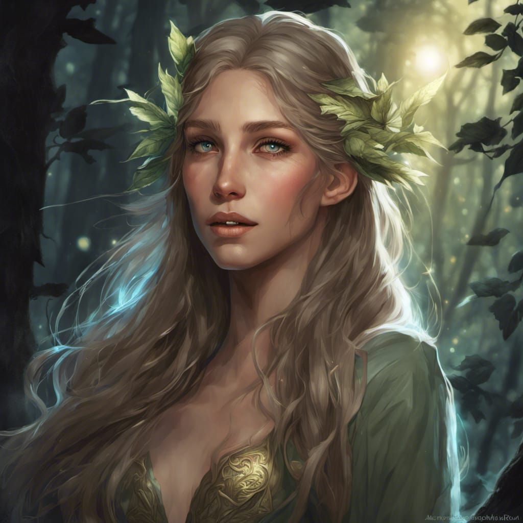 Enchanting Elf Portrait in Forest with Fireflies