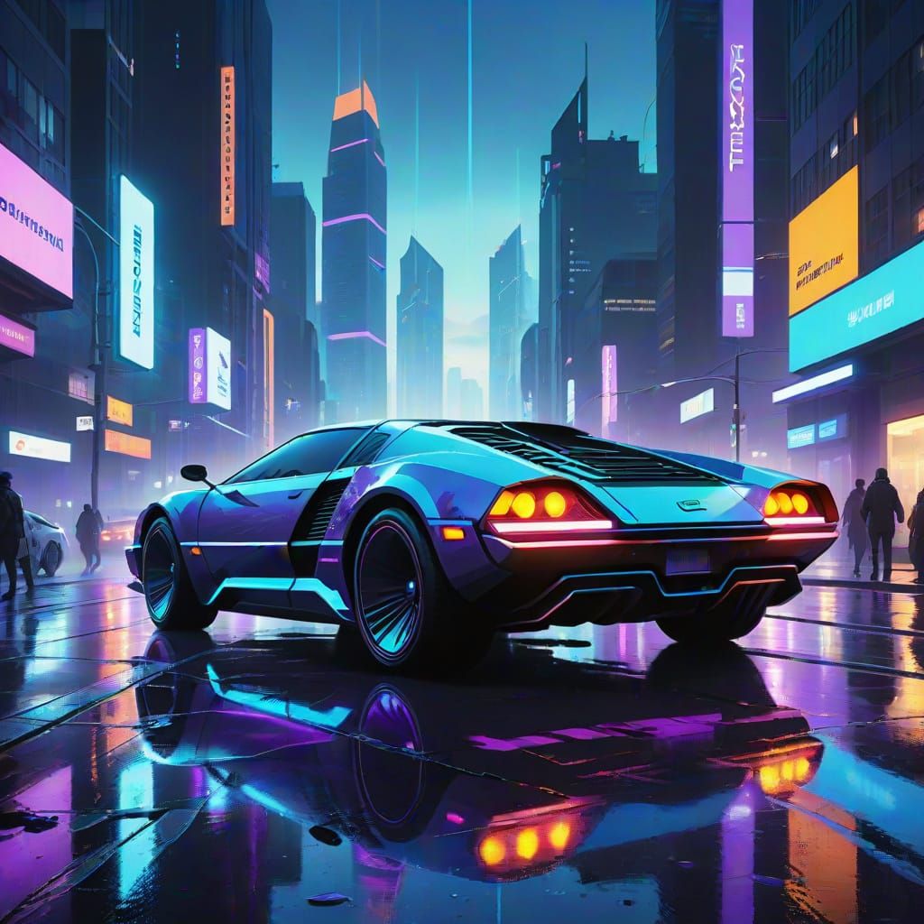 Sci-Fi Car on City Street in Syd Mead Style