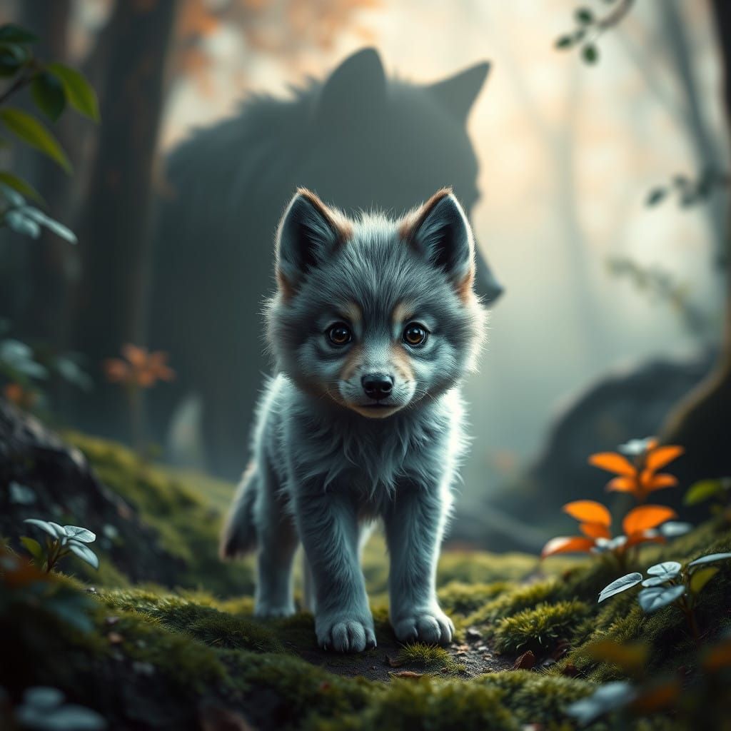 Wolf Pup Surrounded by Majestic Silhouette