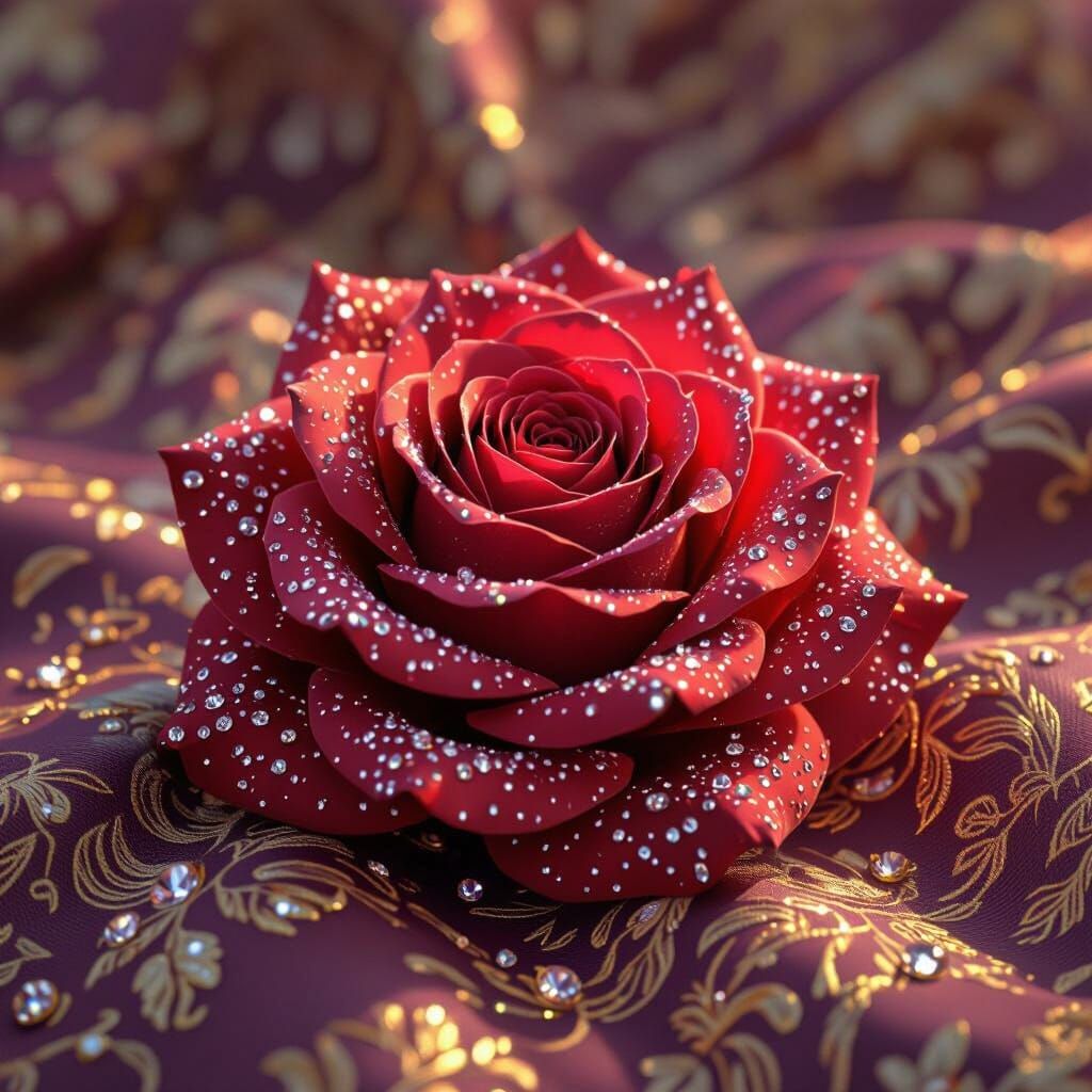 Opulent Red Rose with Diamond Dewdrops in Royal Setting