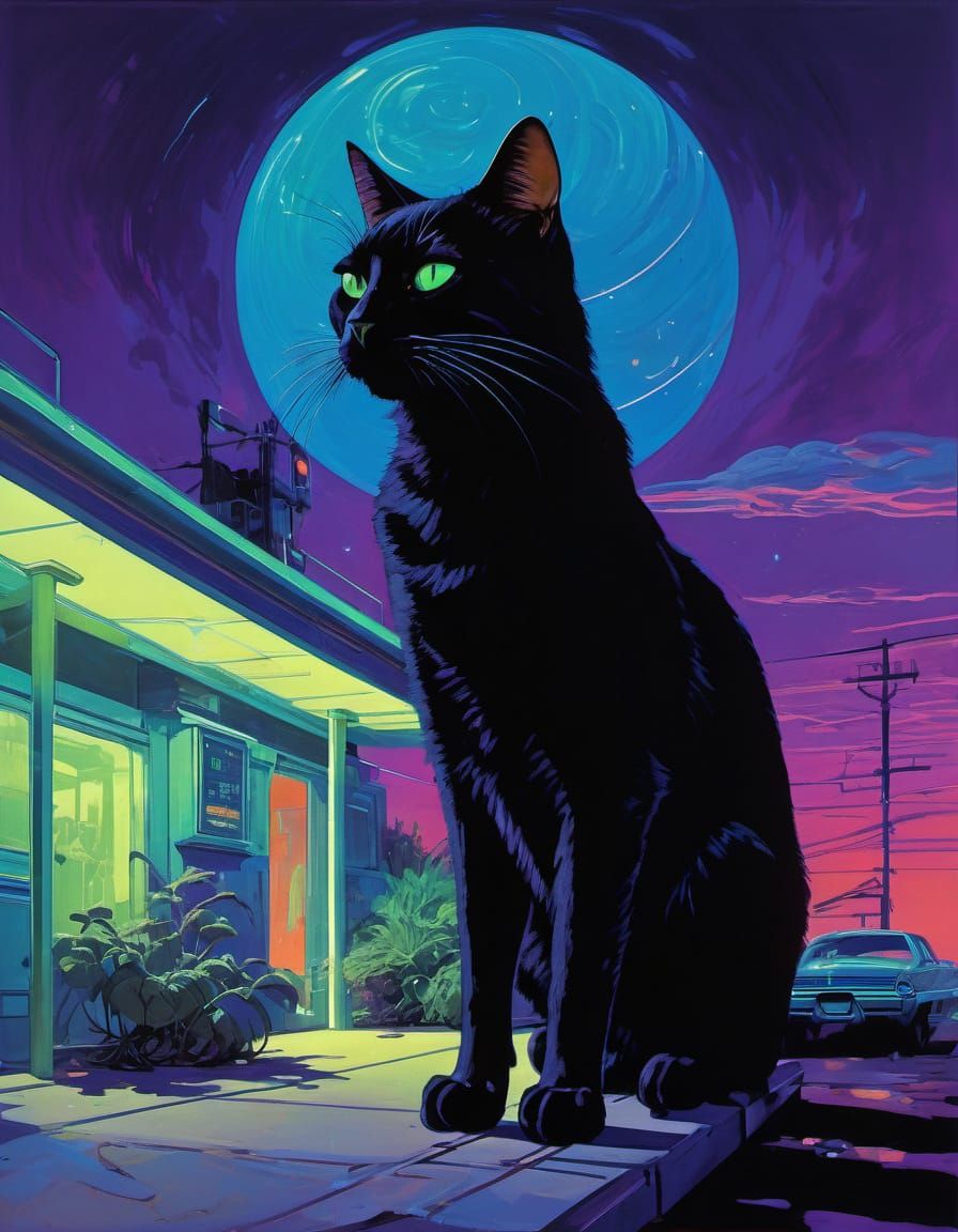 Ethereal Night Sky Beckons a Black Cat in Retro-Futuristic N...