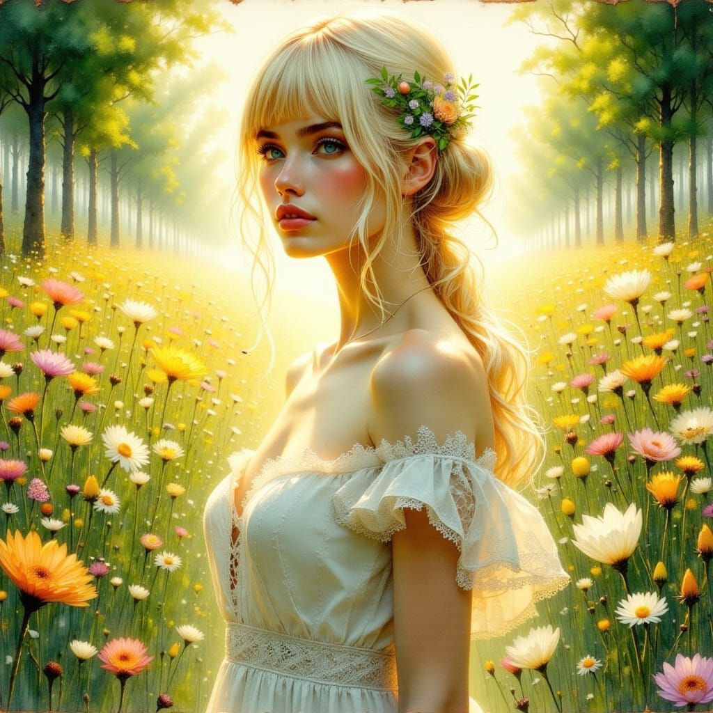 Blonde Woman in Meadow, Pre-Raphaelite Style