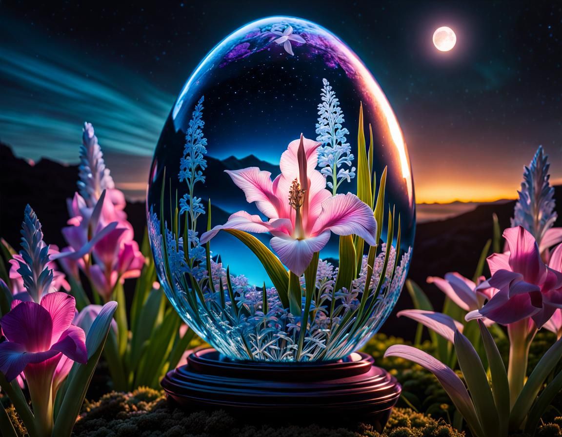 Bioluminescent Gladiolus in Crystal Egg, 3D Render