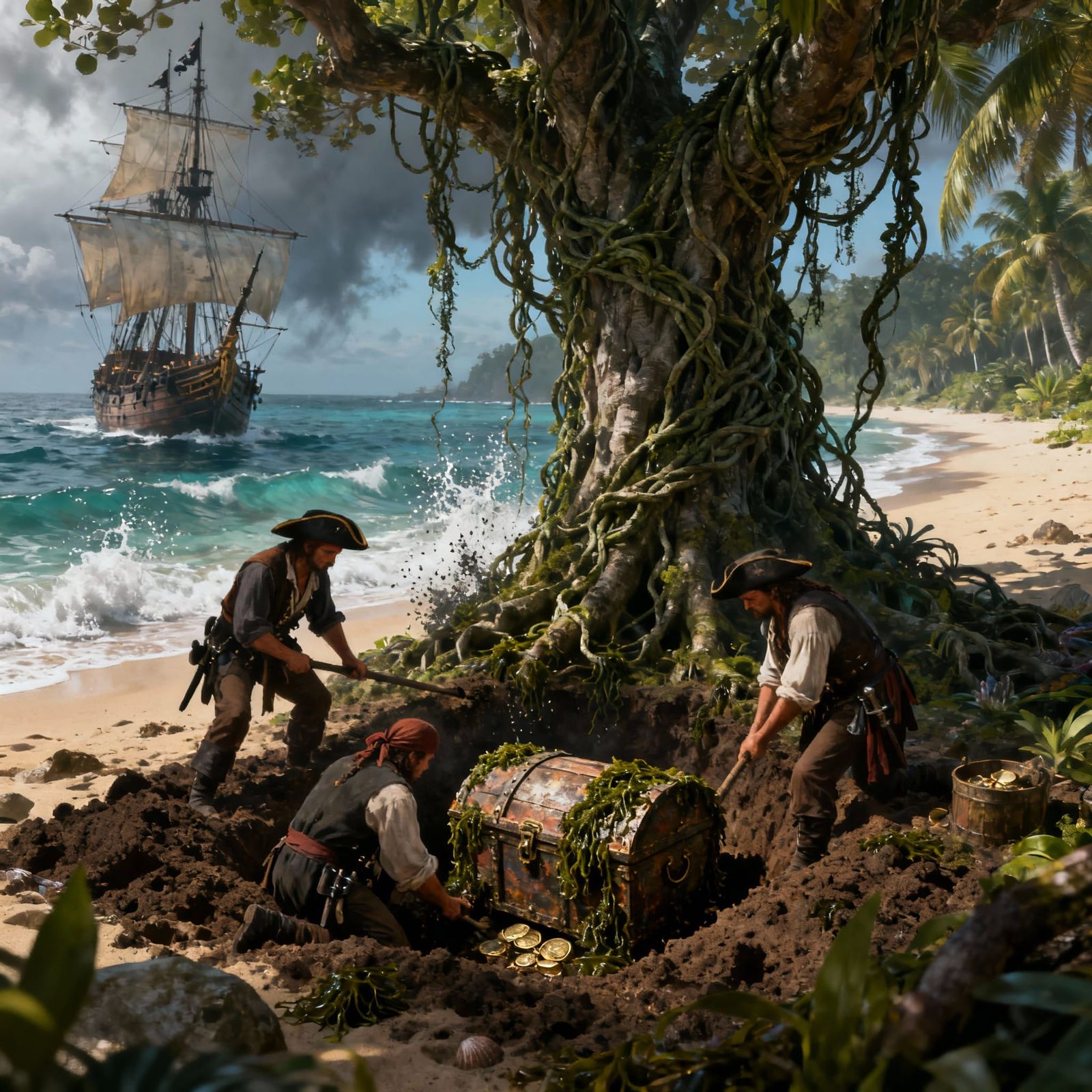 Pirates Bury Treasure on Island Beach Fantasy Concept Art