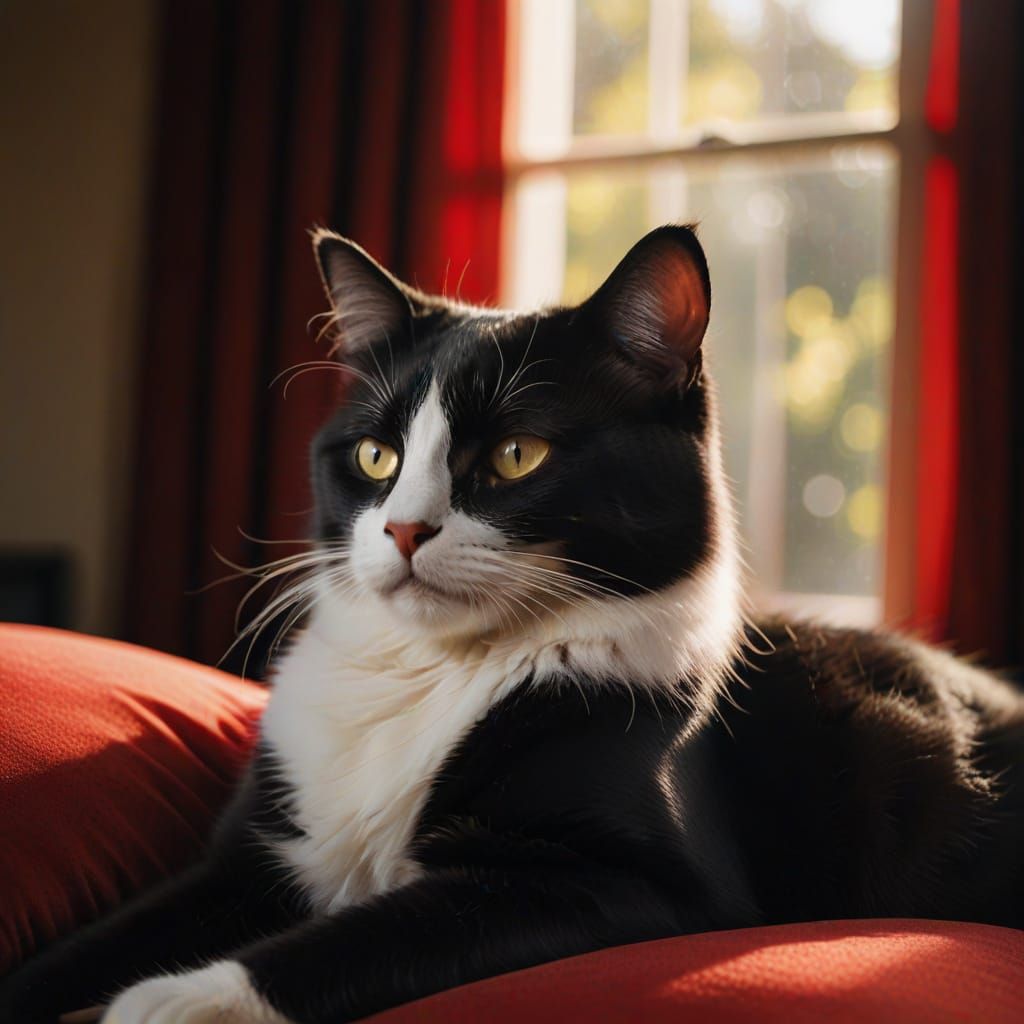 Surreal Film Noir Scene of a Sleek Kitty in Warm Sunlight