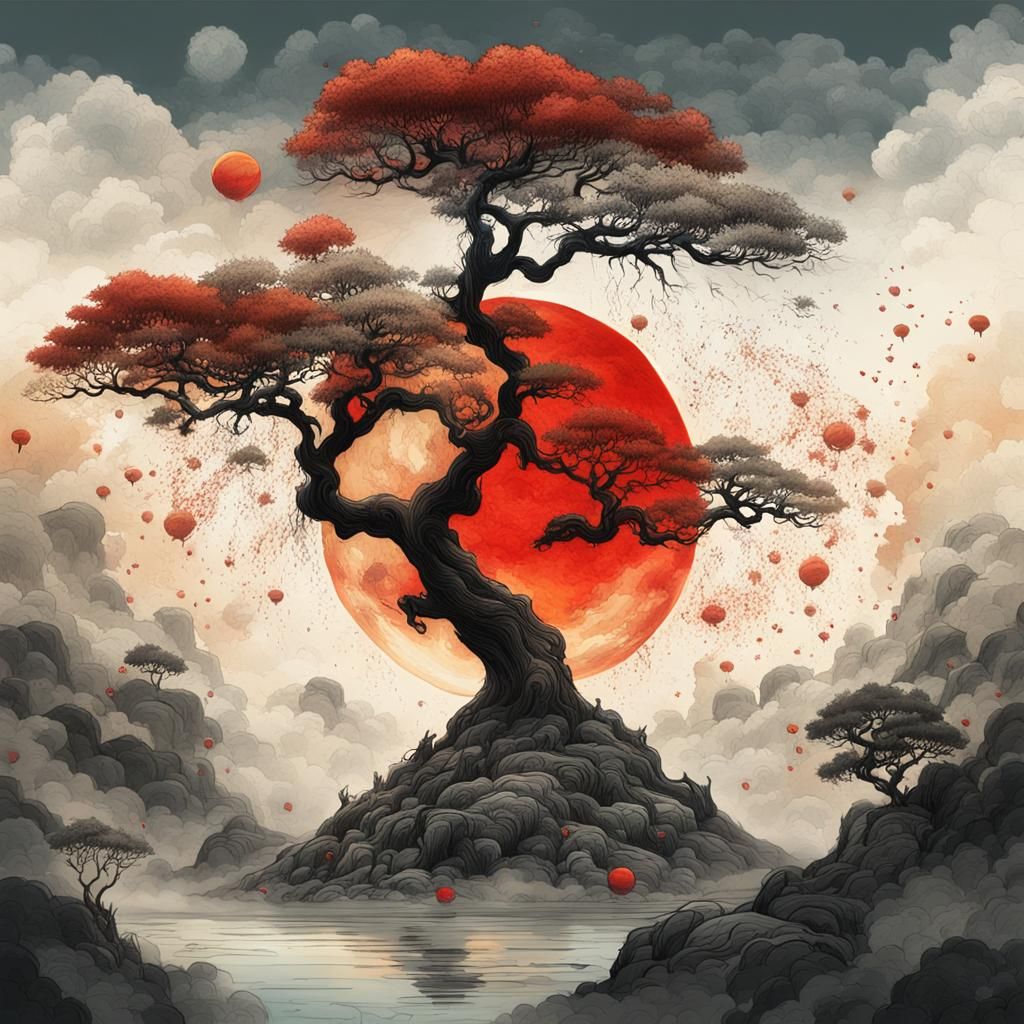 Chinese Ink Painting of Ancient Tree with Red Sun