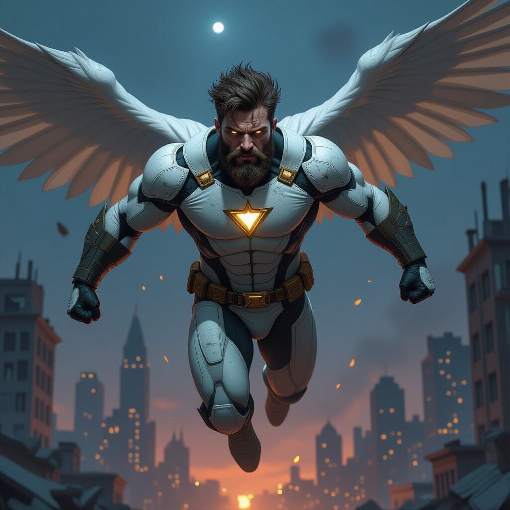 Superhero Soaring Over Ruined City in Dark Fantasy Style