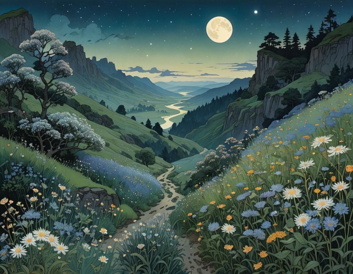 Moonlit Wildflowers and Starry Sky in Misty Valley
