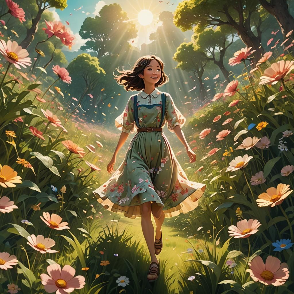 Joyful Meadow Scene Inspired by Miyazaki, Digital Art