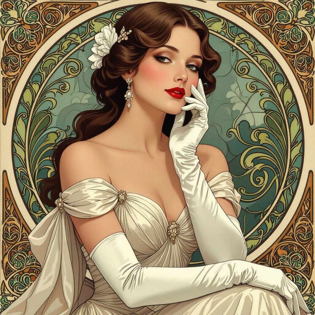 Elegant Lady in White Gloves, Art Nouveau Style