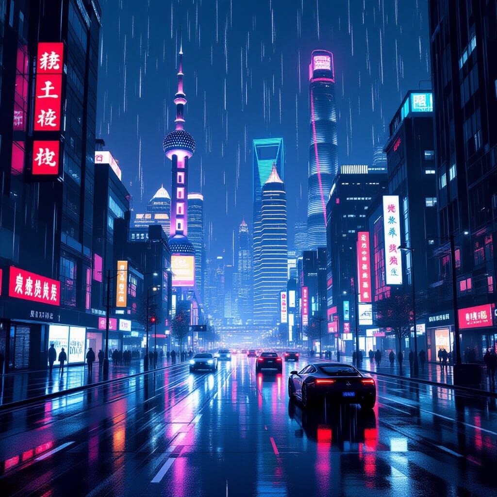 Cyberpunk Shanghai Rain at Night