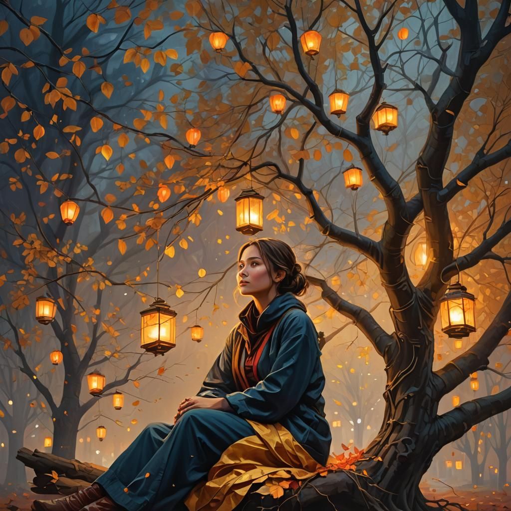 Golden Autumnal Scene with Woman and Lanterns