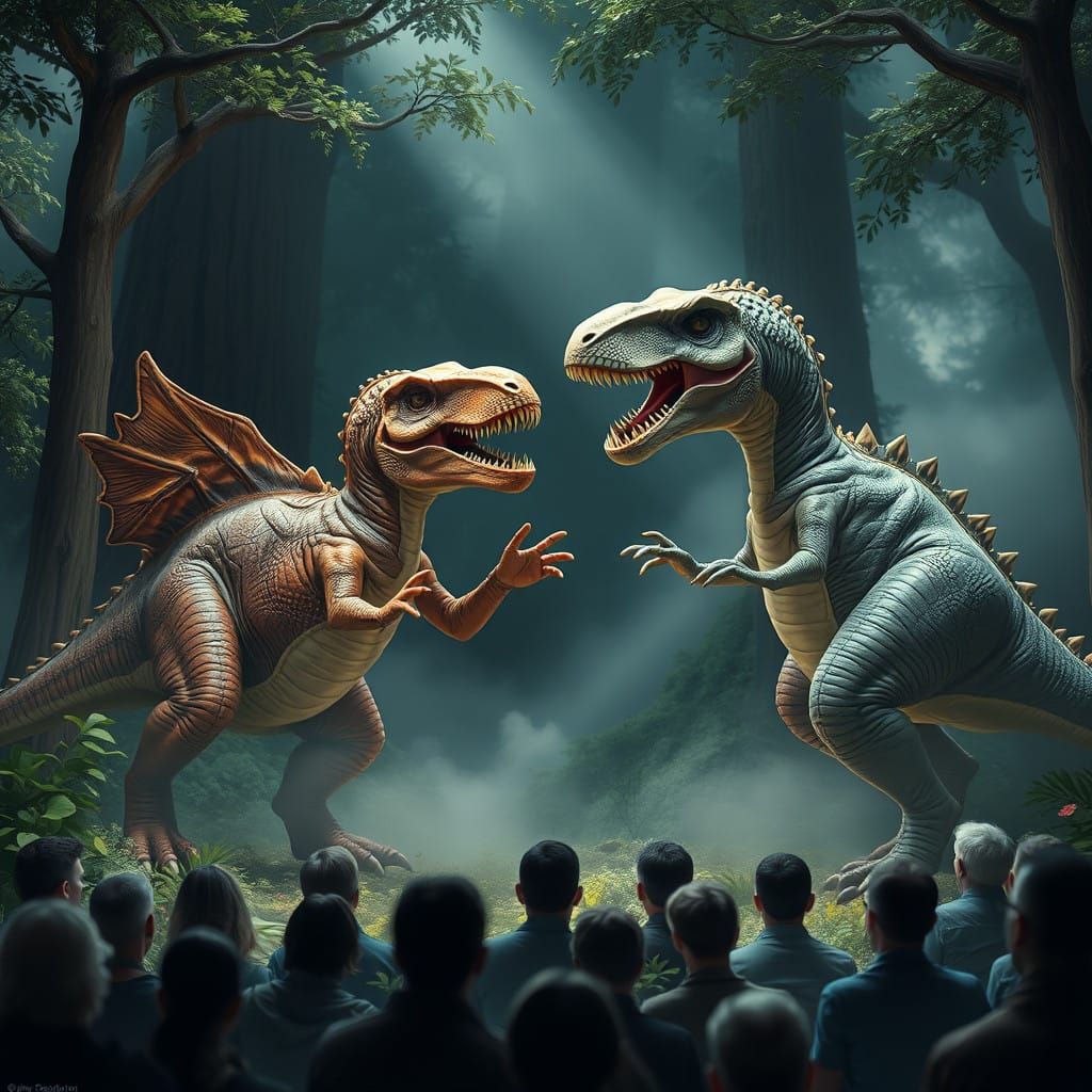 Dinosaurs Clash in Whimsical Fairy Tale Realm