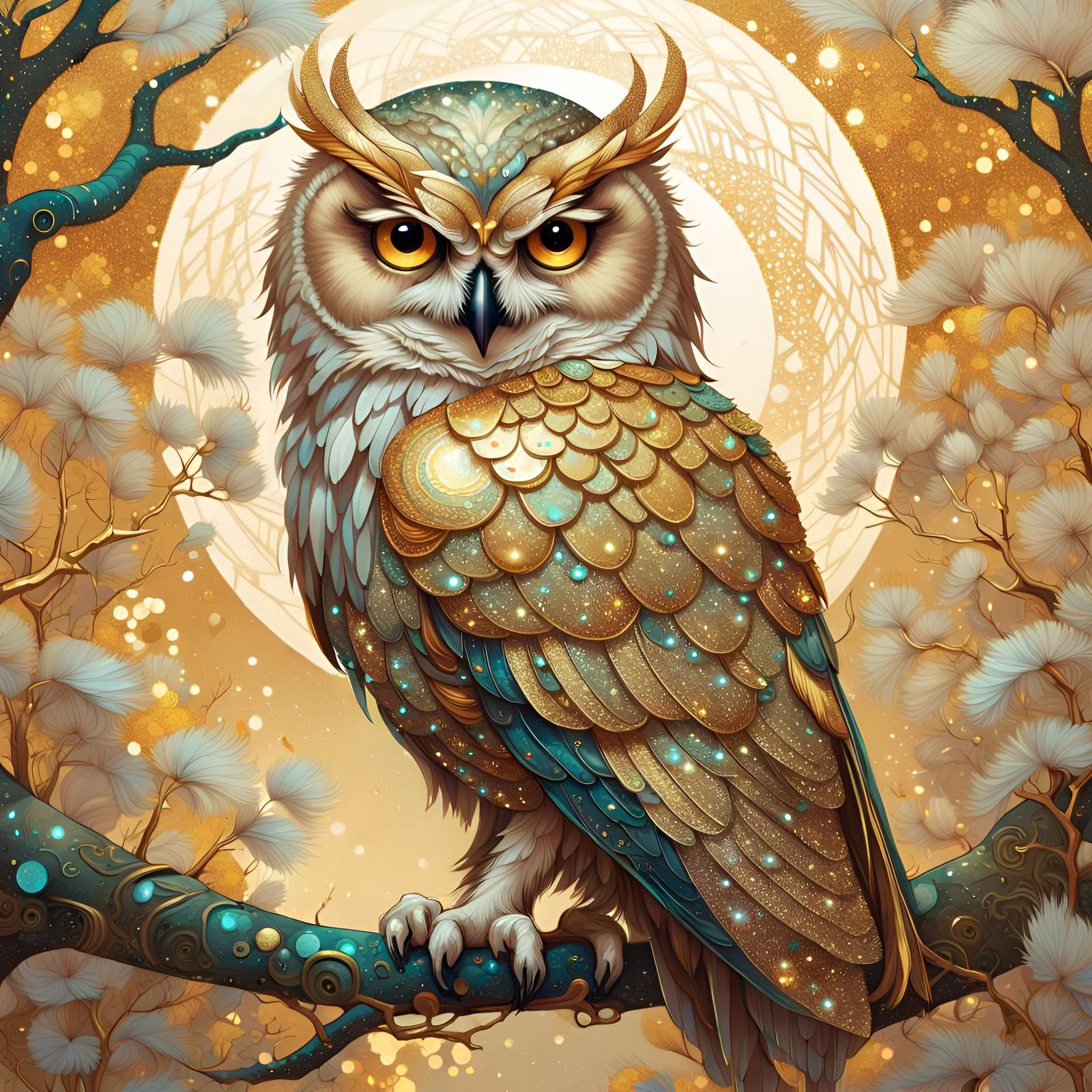 Glittering Owl on Branch: Fantasy Concept Art