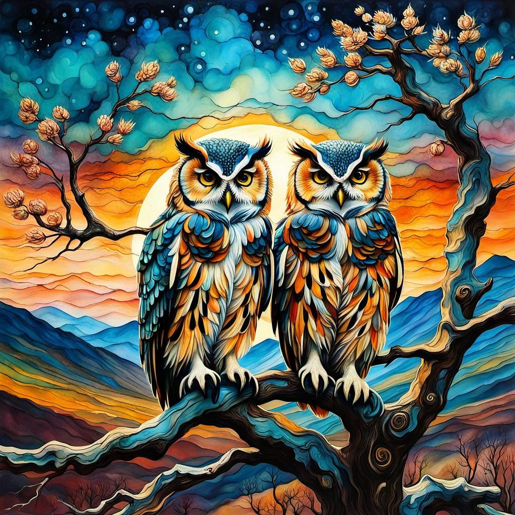 Adorable Owls in Encaustic Spring Landscape