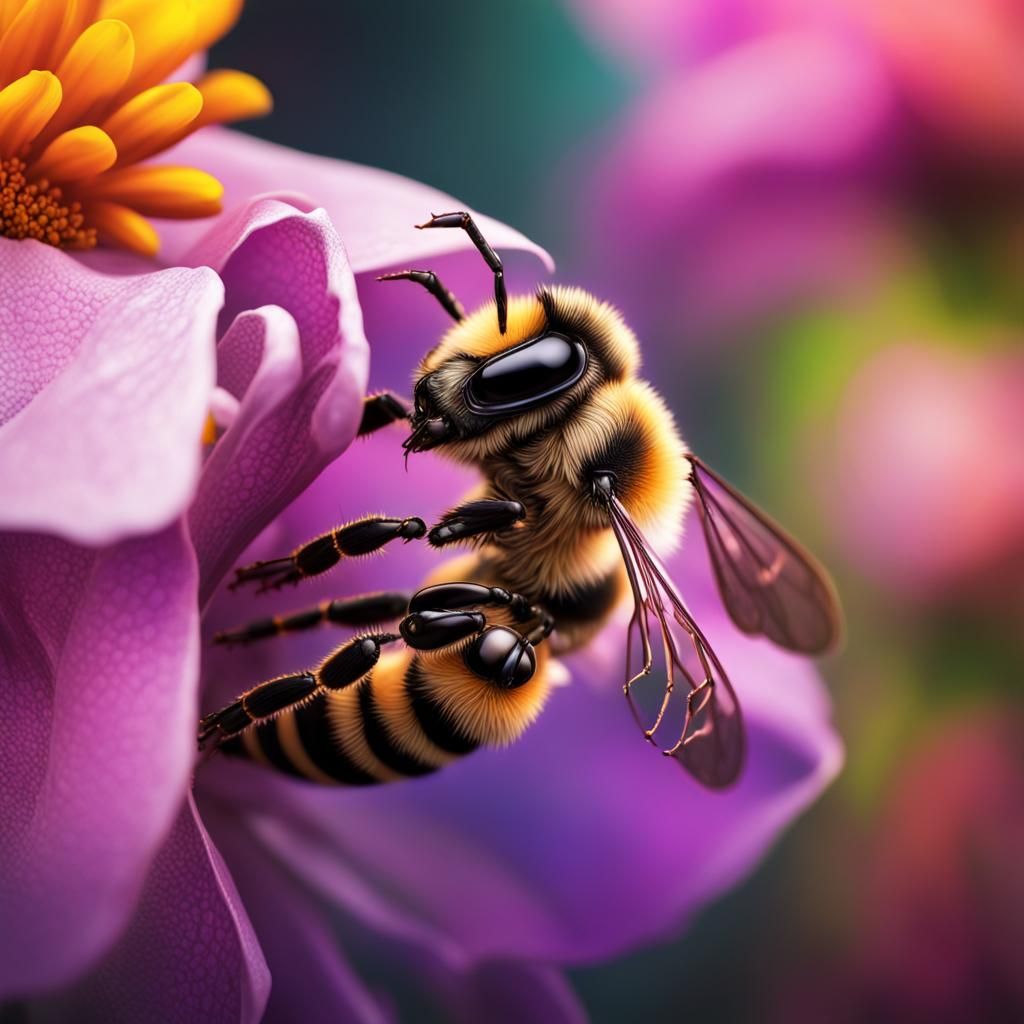 Terminator Bee in Flower, Hyperrealistic Splash Art