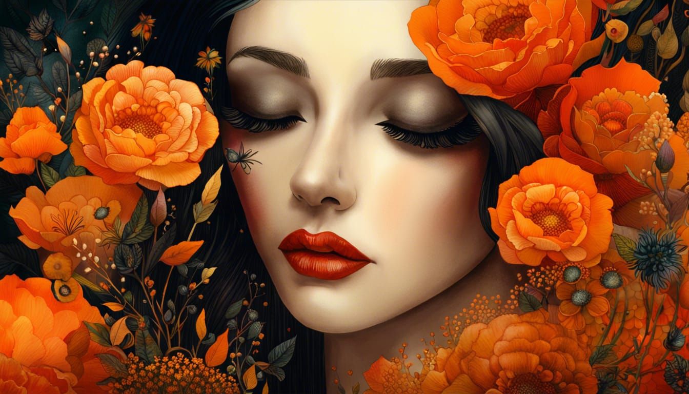 Orange Floral Portrait in Watercolor Style