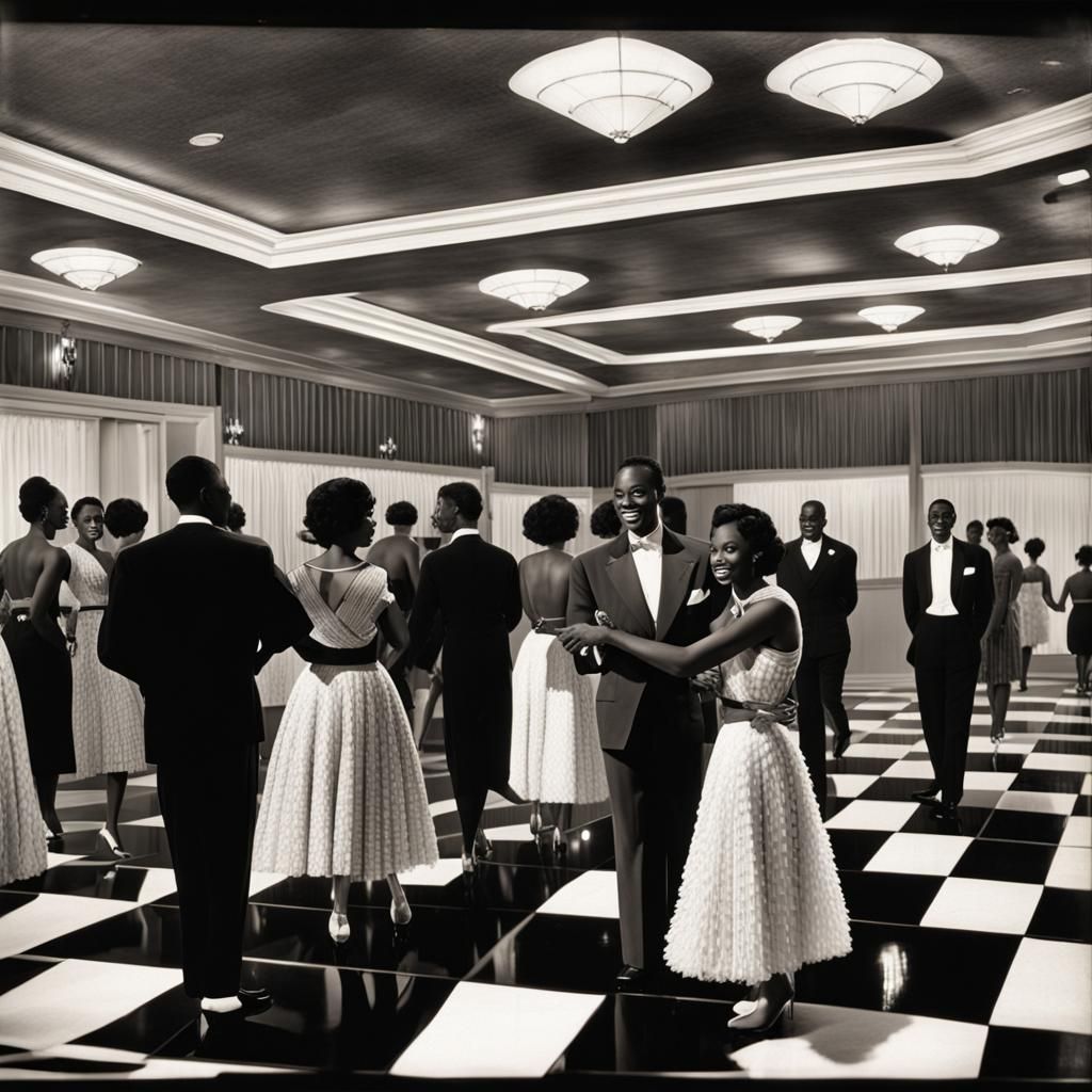 1950s Ballroom with Flapper Dresses and Glass Walls