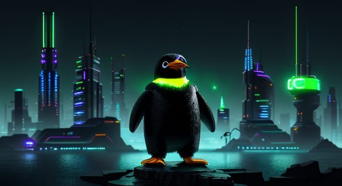 Futuristic Penguin Sits on Neon-Lit Linux Mint Logo