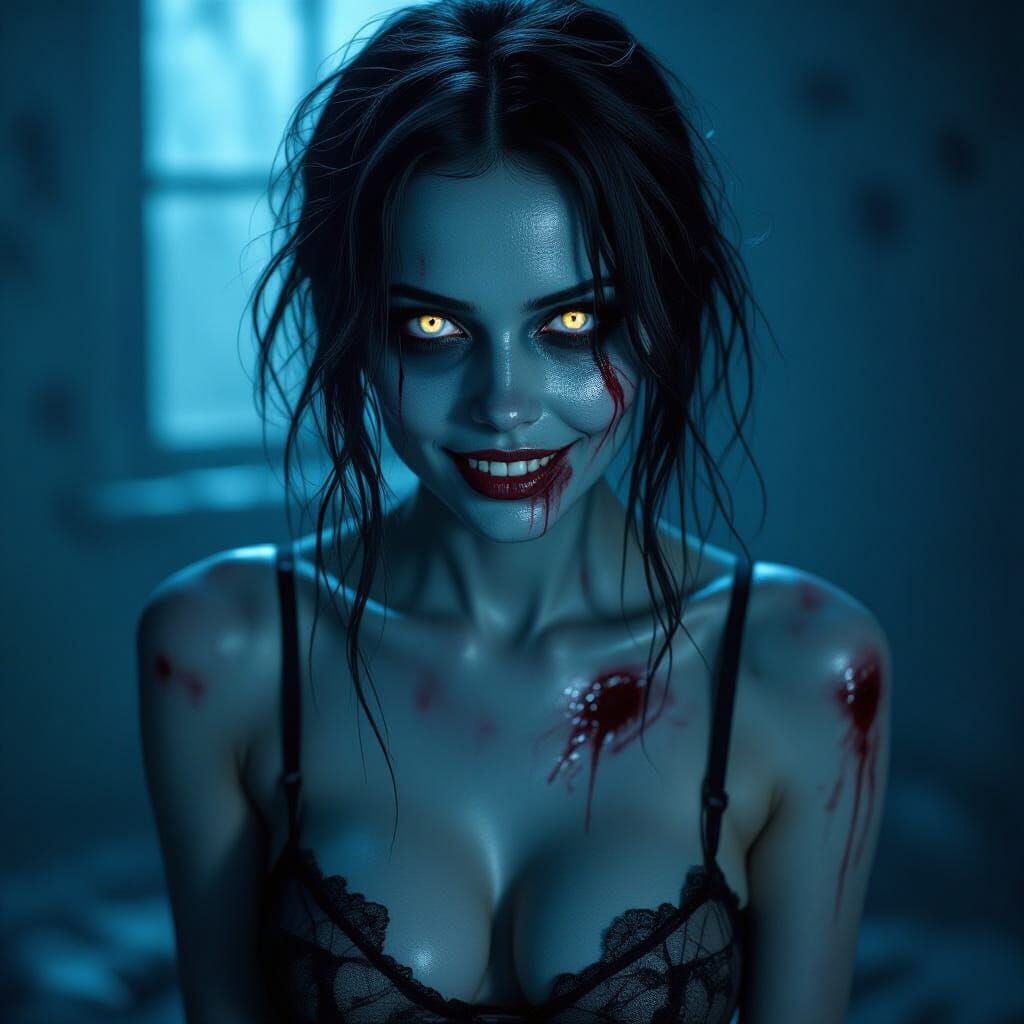 Beautiful Zombie Woman with Glowing Eyes in Dark Fantasy Sty...