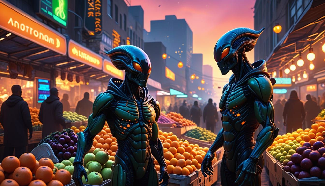 Alien Merchants Sell Glowing Produce in Neon Cityscape