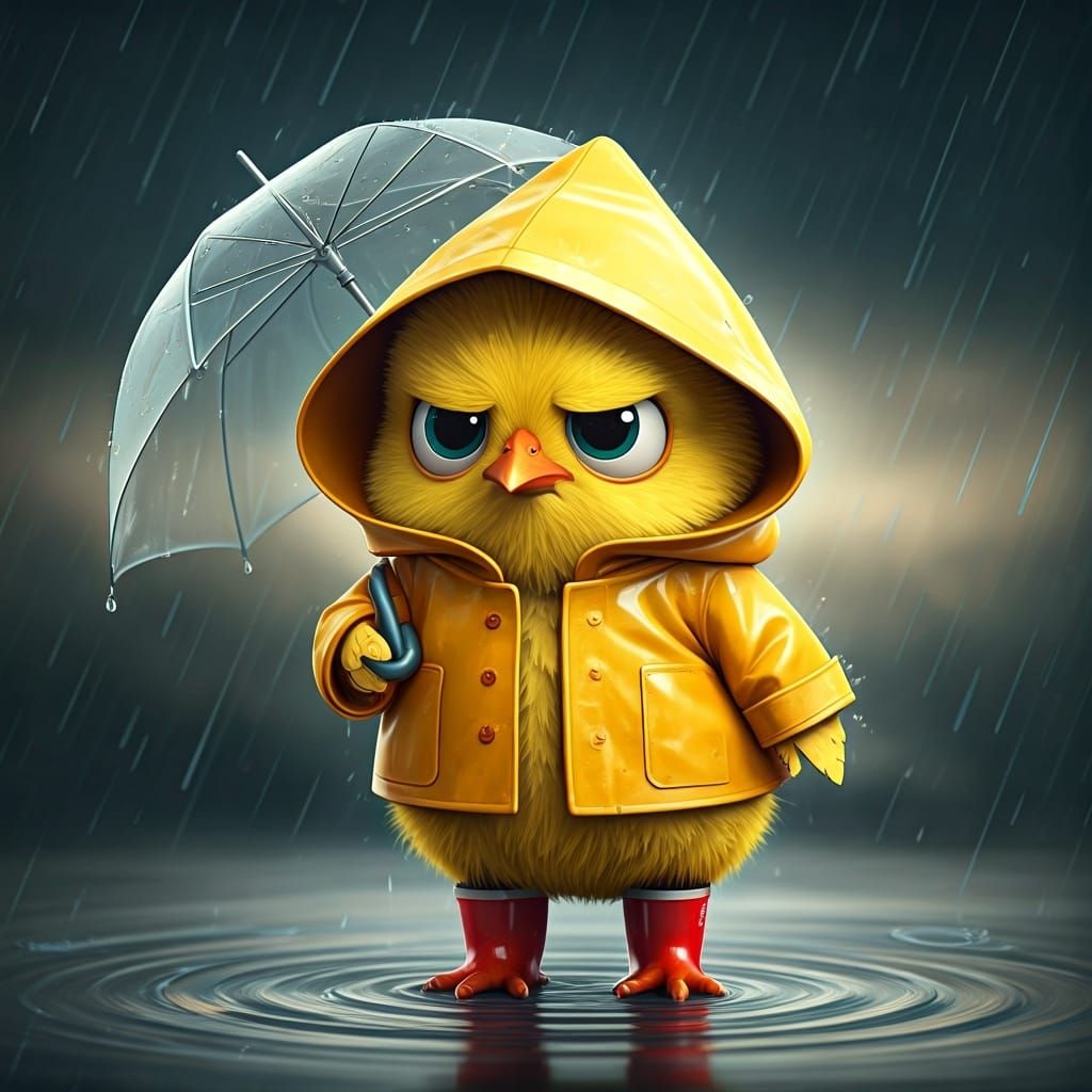 Grumpy Chick in Rain: Pixar-Style 3D Cartoon