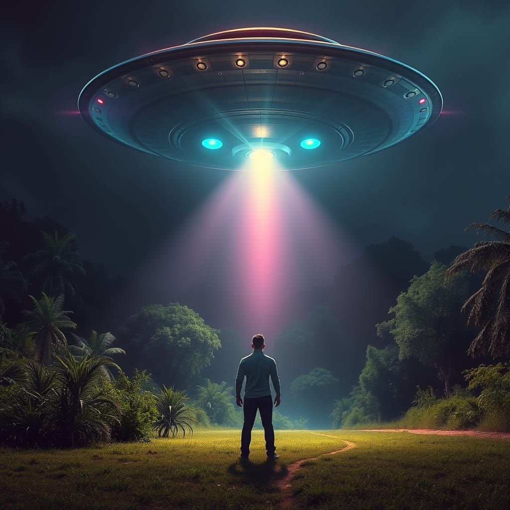 Glowing UFO Illuminates Man in Hyperrealistic Scene