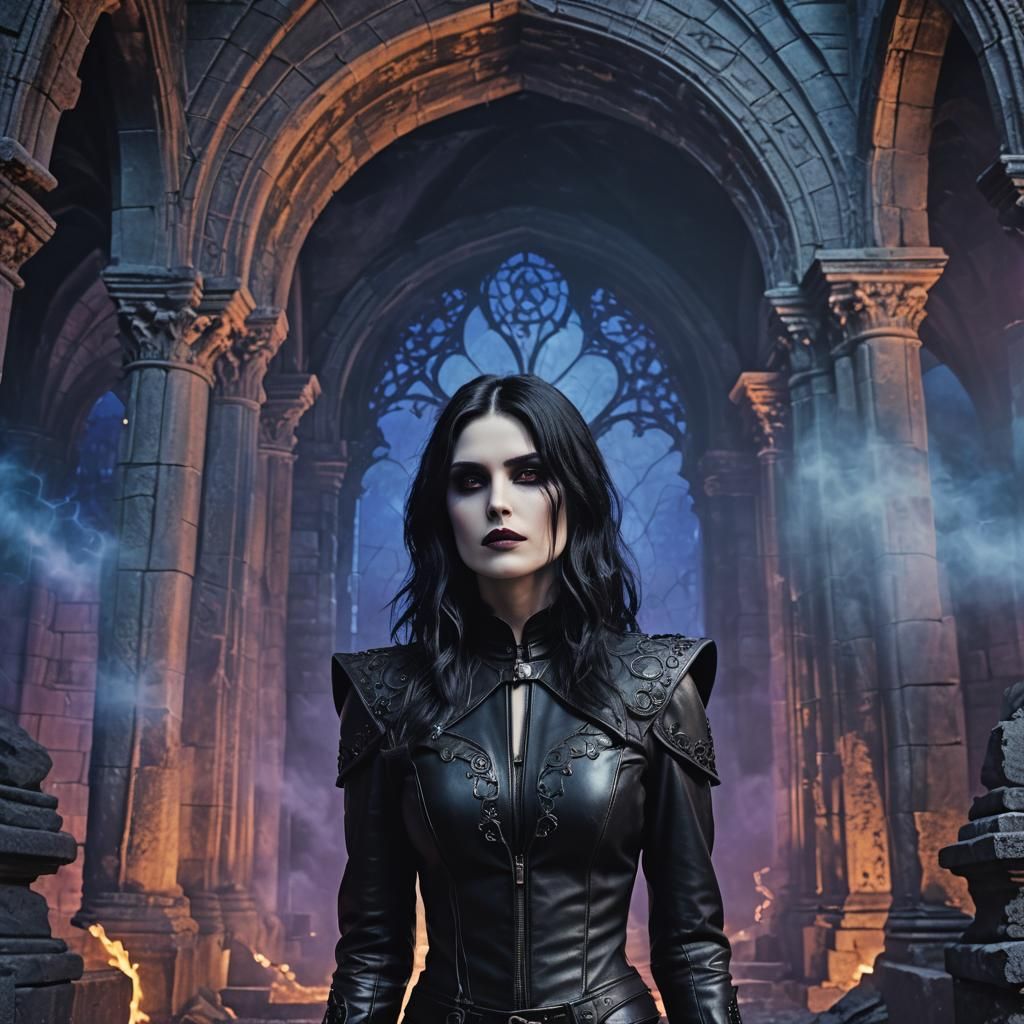Selene the Vampire Death Dealer in Gothic Ruins