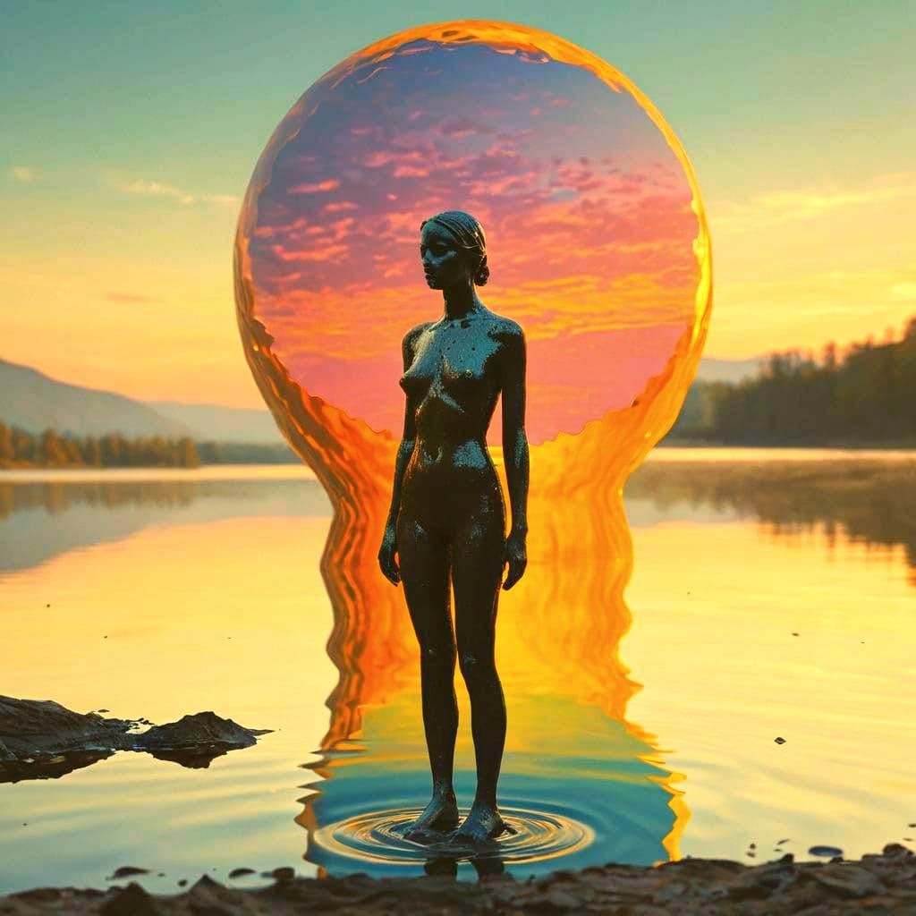 Mystical Figure at Dreamlike Lake in Surreal Style