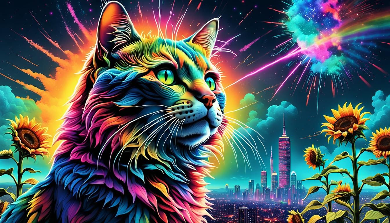 Cyberpunk Cat Under Starry Sky with Rainbows