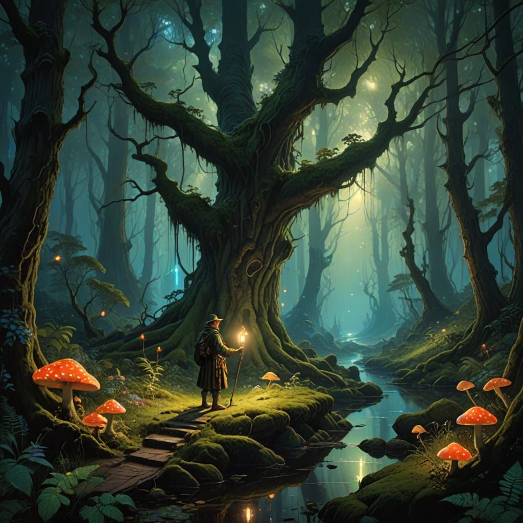Lone Traveler in Bioluminescent Forest