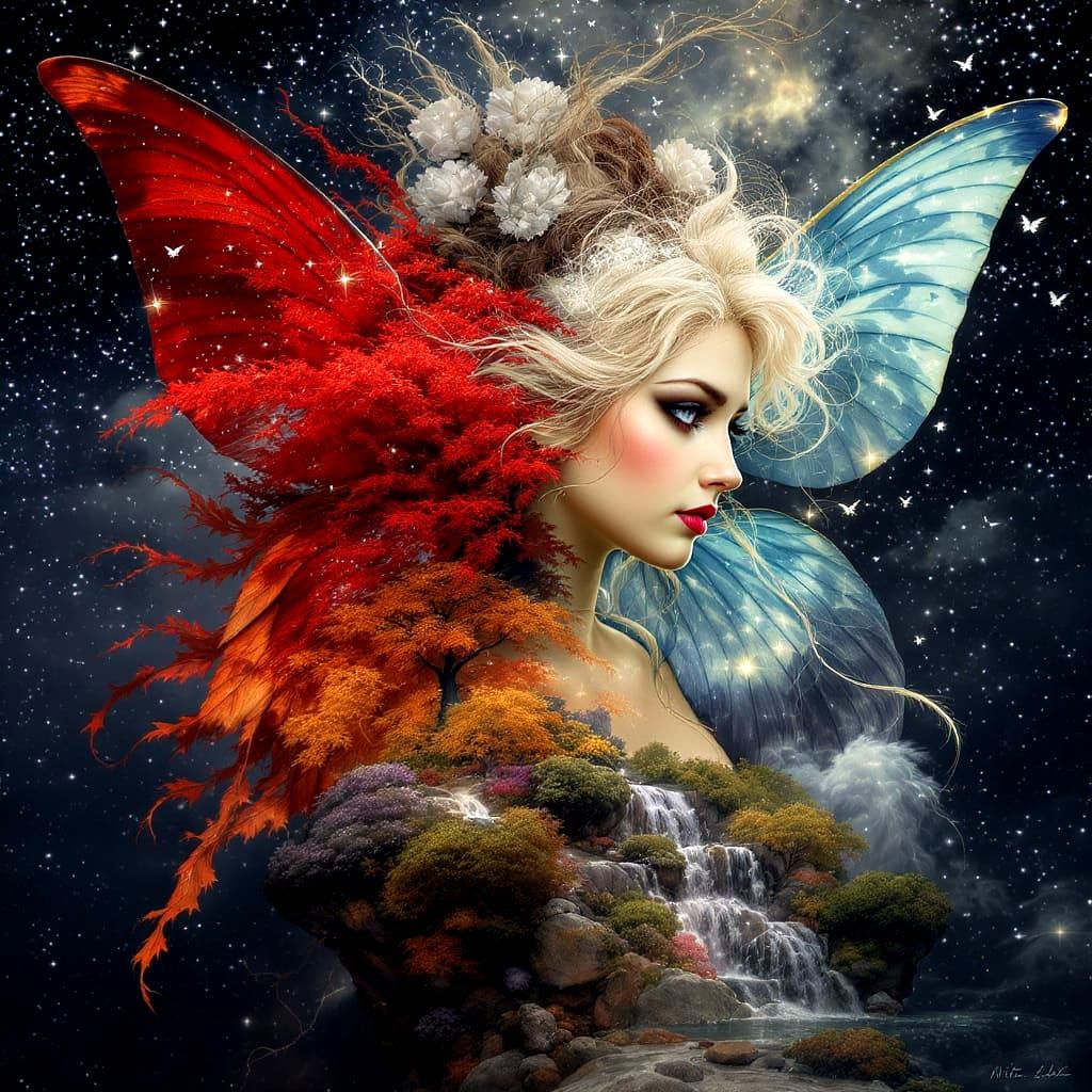 Fantasy Fairy Portrait with Seasonal Double Exposure