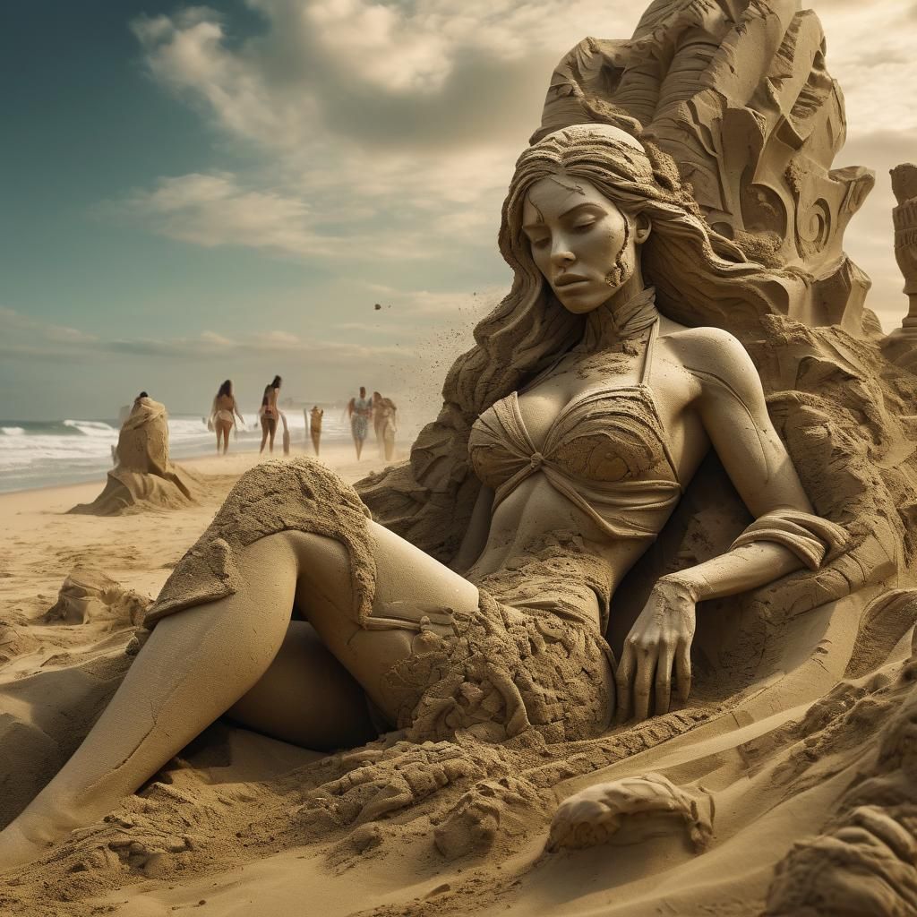 Crumbling Sand Sculpture of Woman on Beach