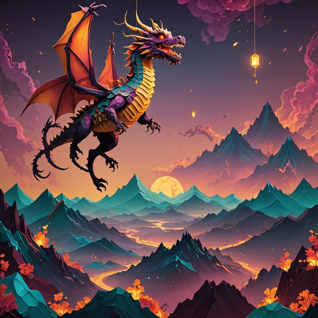Vibrant Paper Dragon Puppet in Matte Painting Style