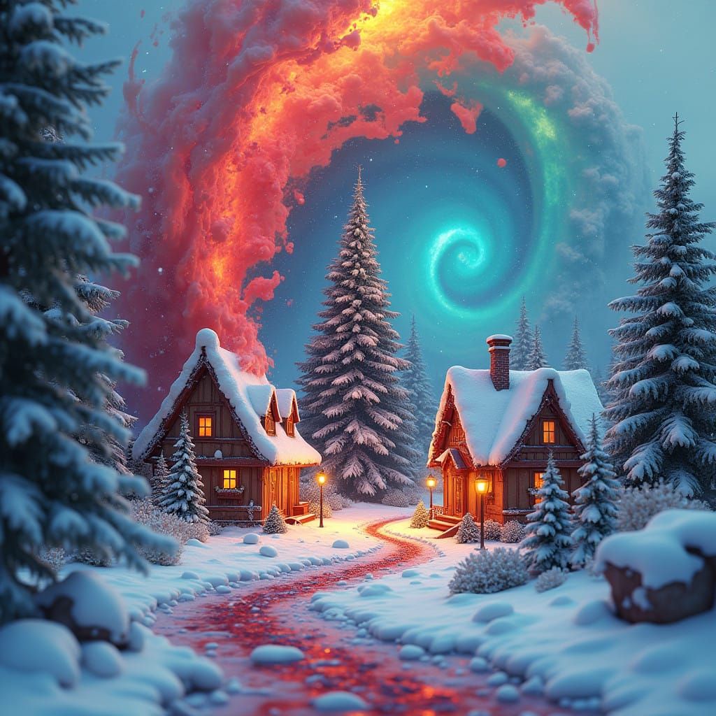 Vibrant Christmas Scene in Whimsical Fantasy Art