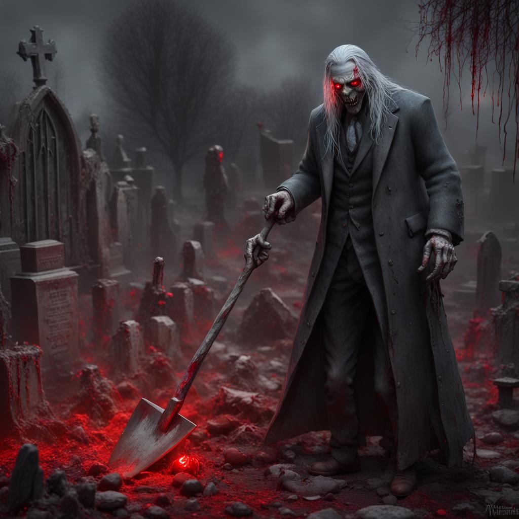 Ghoul Grave Robber in Graveyard: Detailed Matte Painting