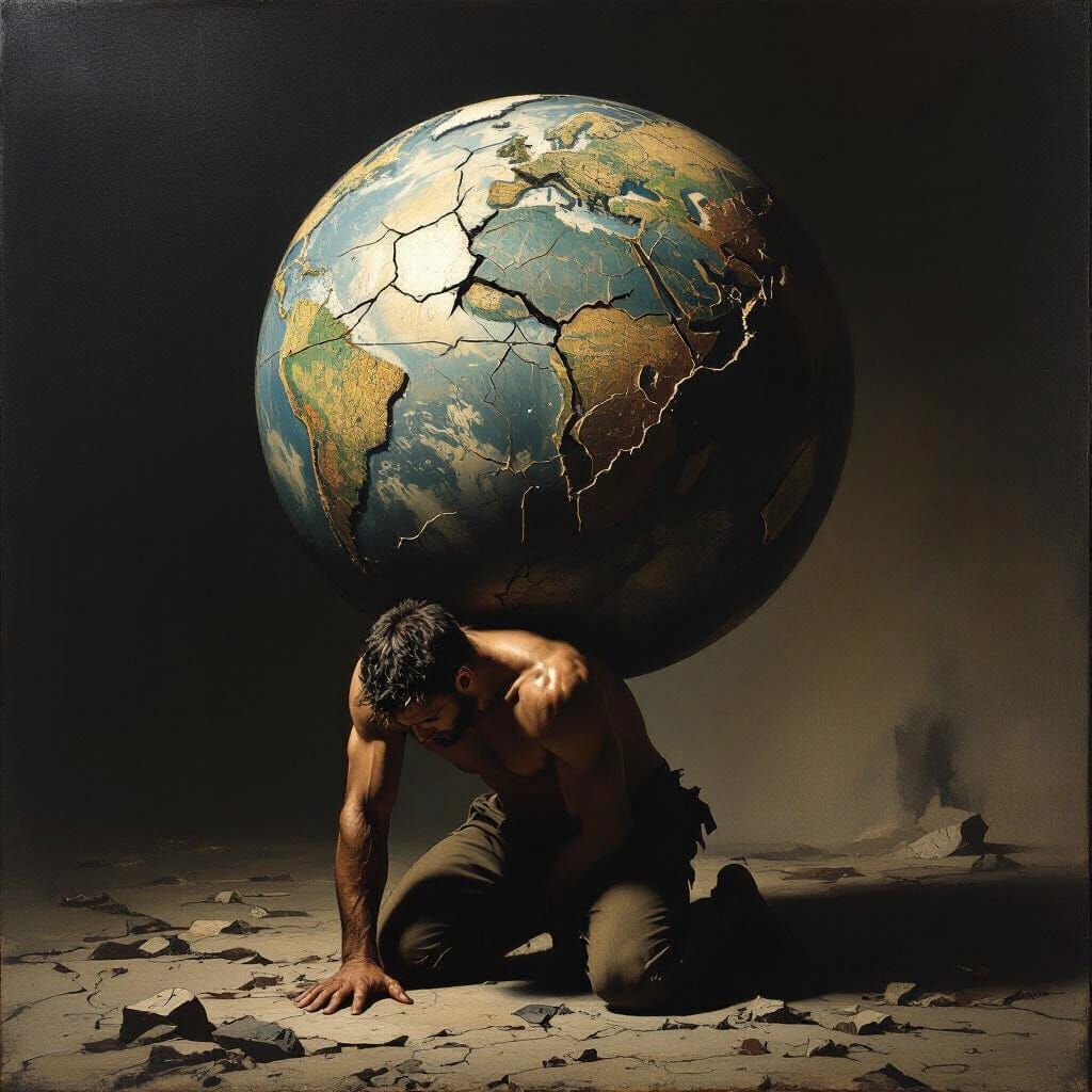 Man Carries Cracked World in Dramatic Chiaroscuro