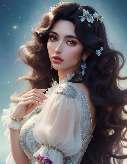 spanish girl is 24 years old, long dark hair, very curly hair, character design, luminous, sharp focus, colorful, clear,...