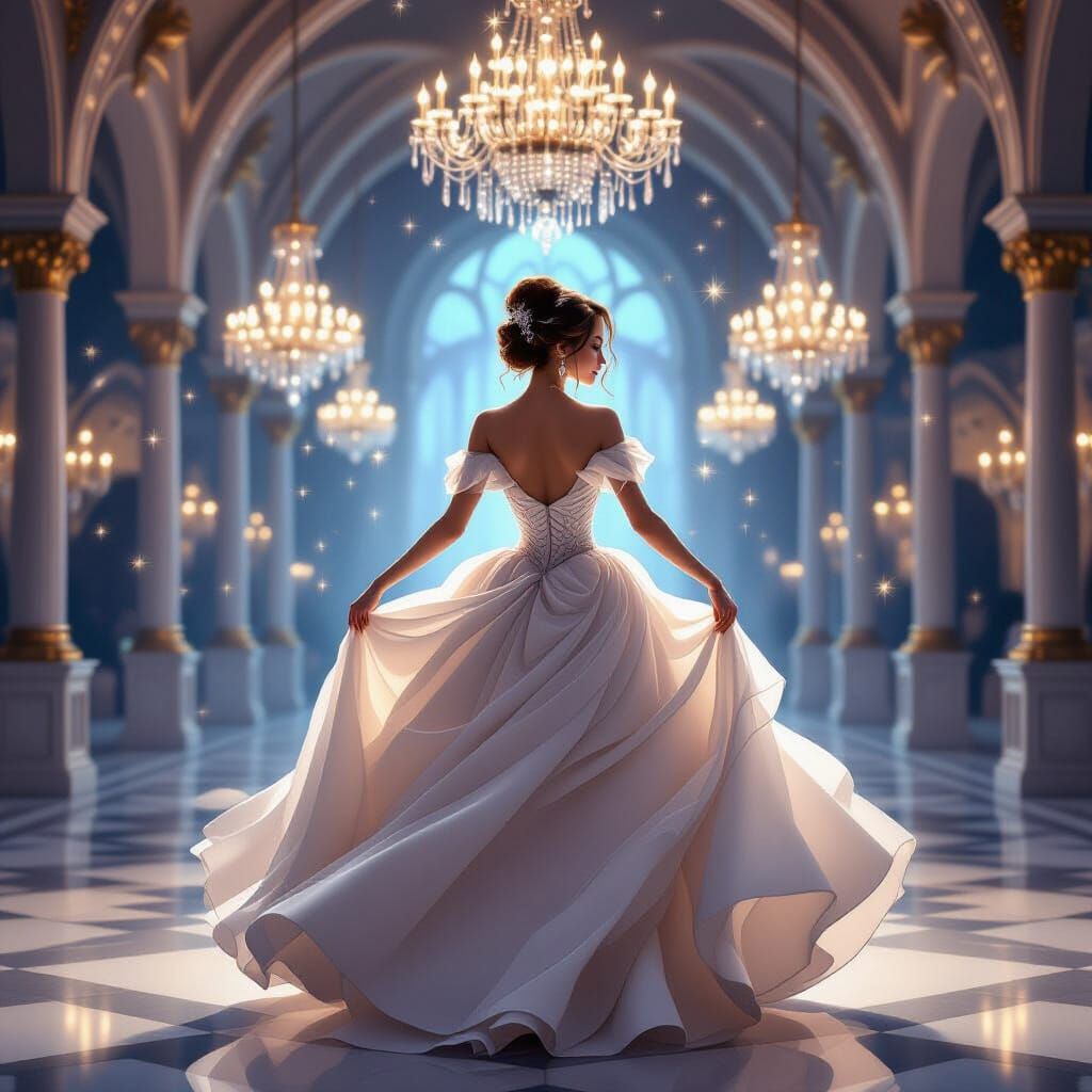 Elegant Woman Dancing in Mystical Ballroom