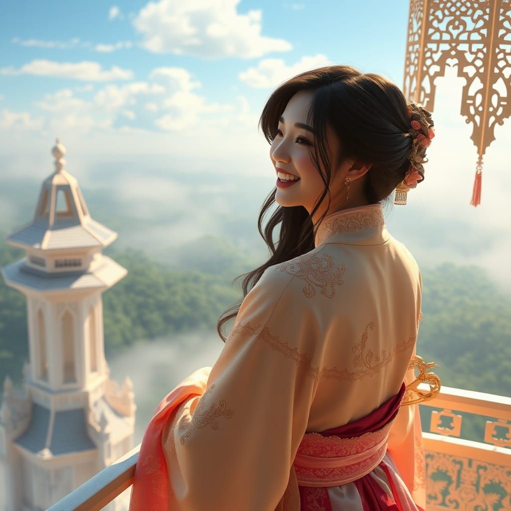 Oriental Beauty Laughing in Fantasy Landscape