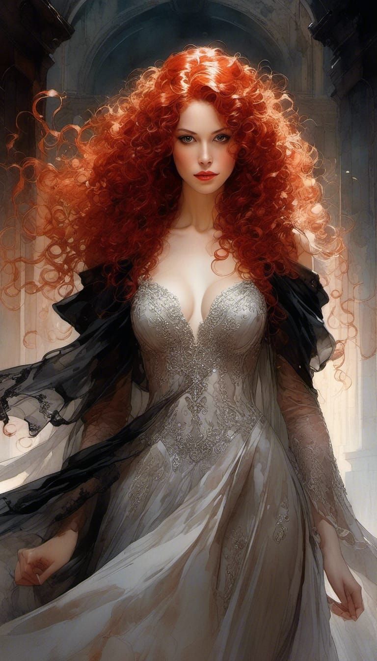 Red-Haired Princess Portrait in Watercolor Style