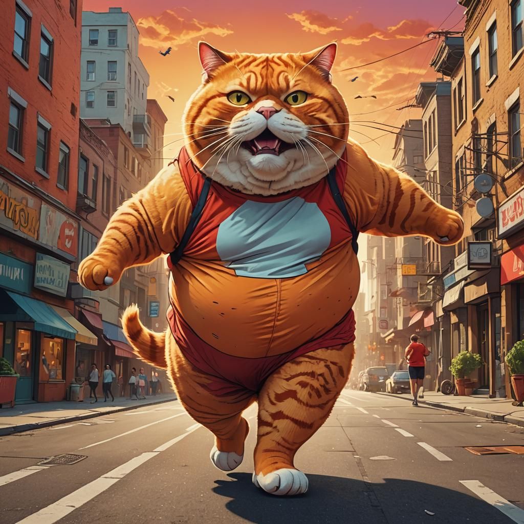 Giant Cat Runs Marathon in Pop Surrealism Style