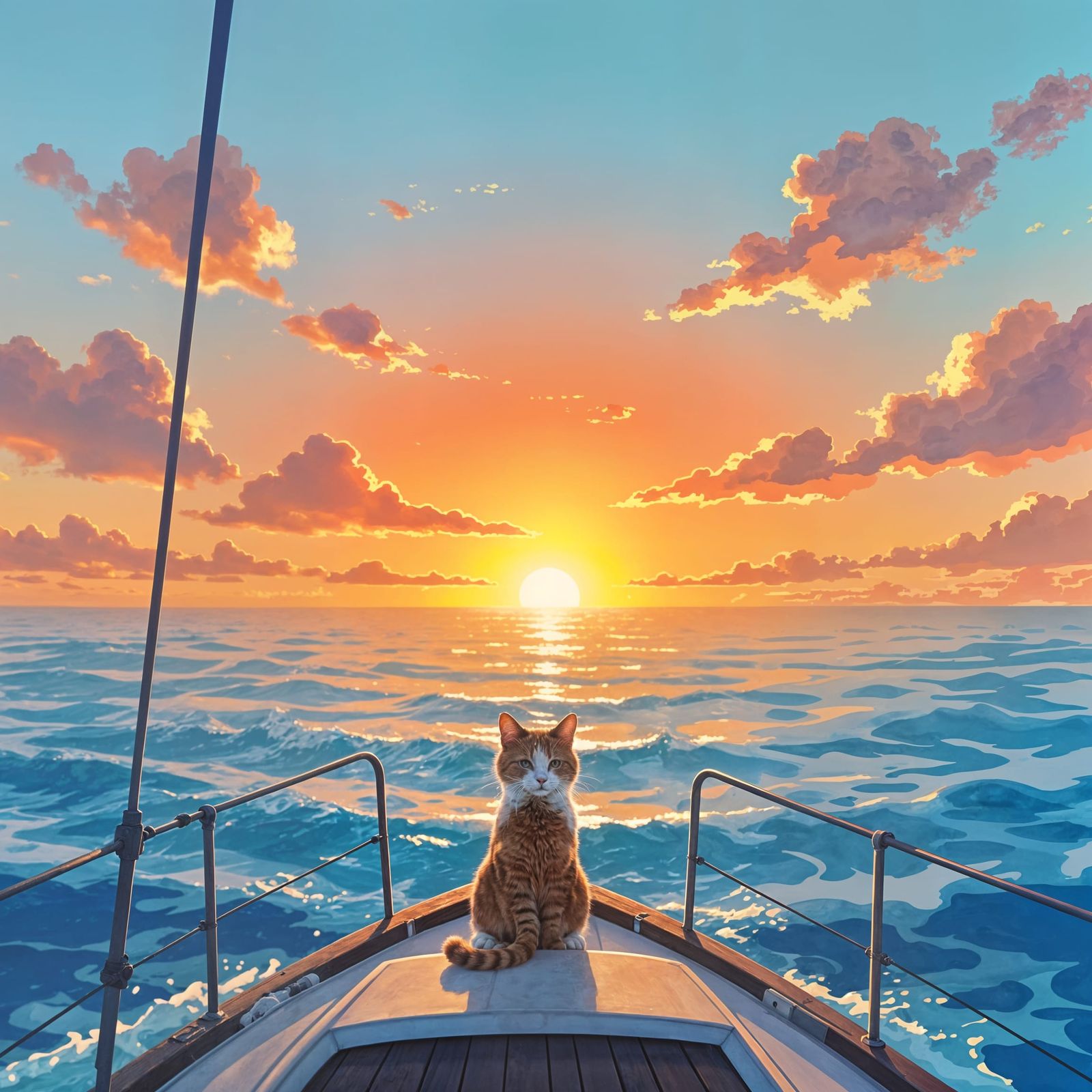 Cat Watches Sunset on Sailboat in Watercolor Animation Style