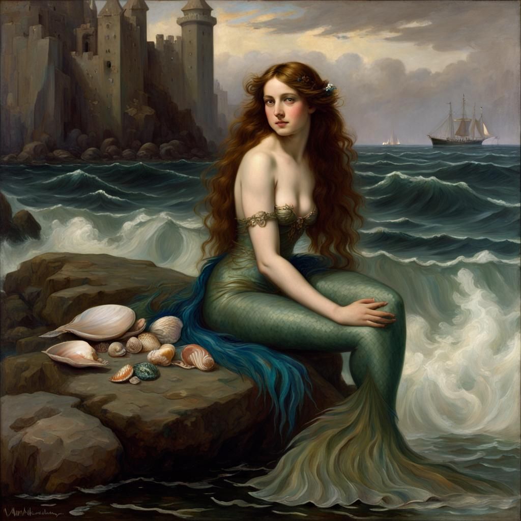 Mermaid Portrait with Peacock Feathers in Pre-Raphaelite Sty...