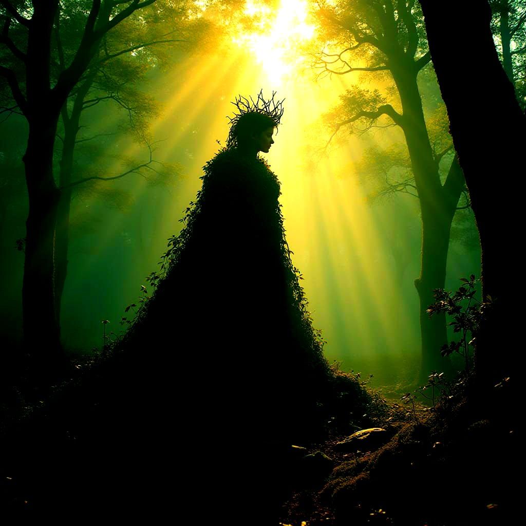 Mysterious Goddess of Nature Reclines in Dark, Ancient Woods